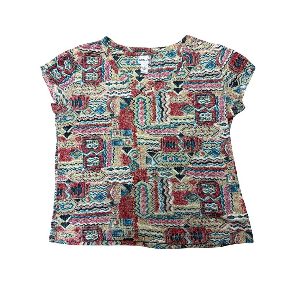 Chicos Multicolor Geometric Print Cotton Top Size XL Short Sleeve Crew Neck